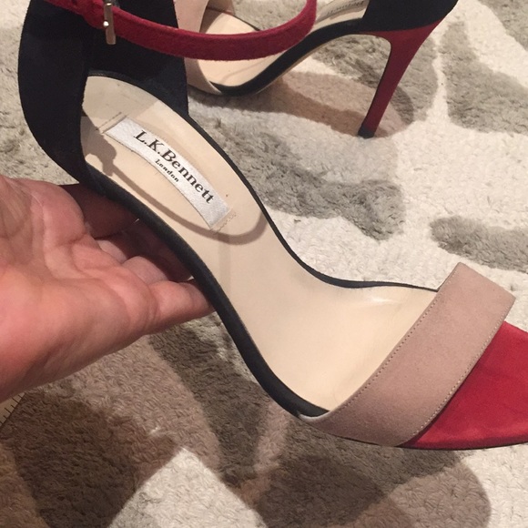 L. K. Bennett red, blk, tan open toe heels - Picture 3 of 7
